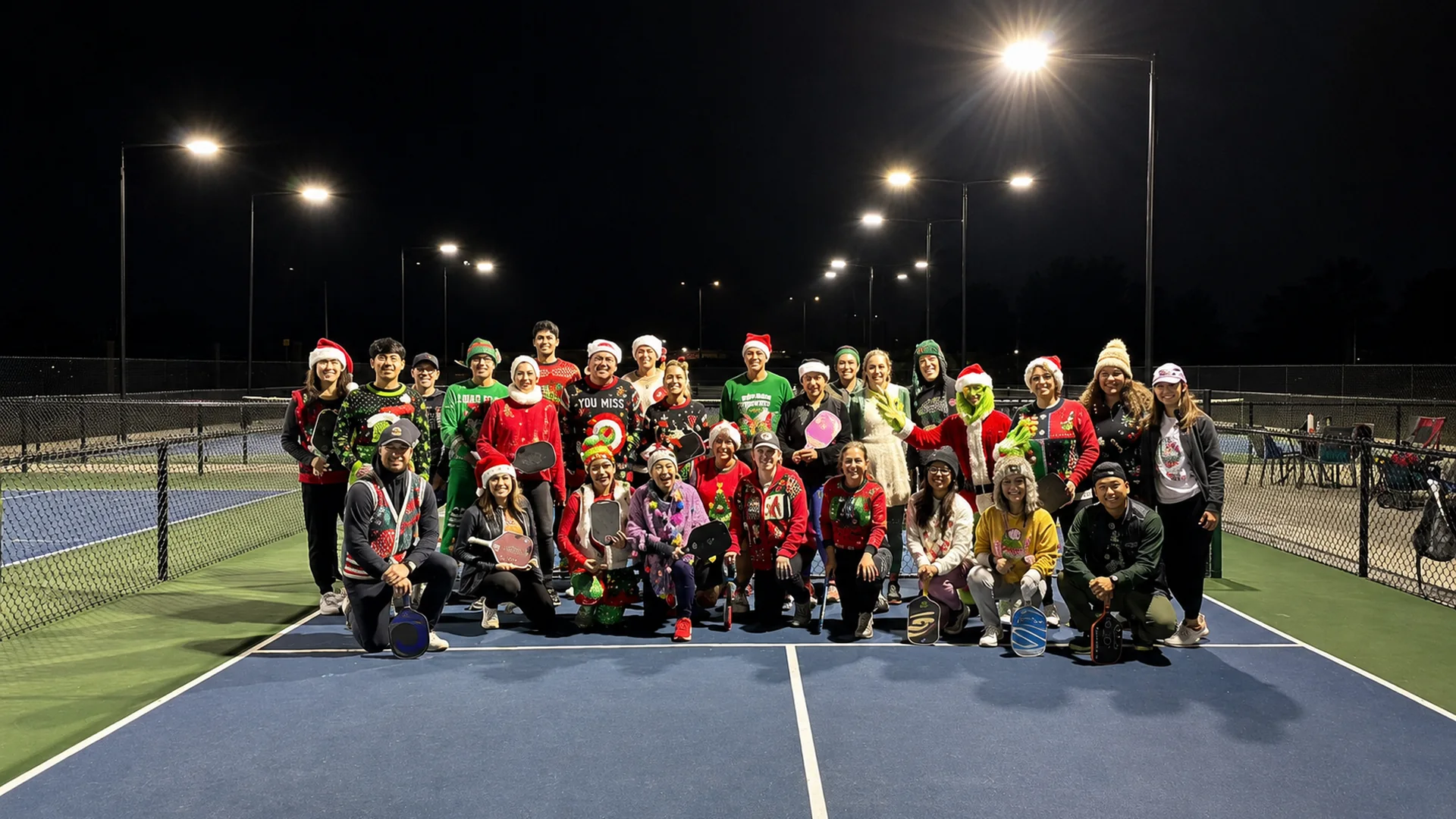 Players at the 2025 Ugly Sweater pickleball social
